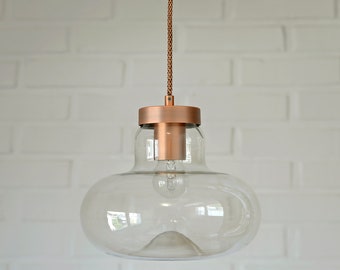 Vintage Pendant Lamp / Copper and Clear Glass  / Redesign Rustic Ceiling Light / Hanging Mushroom Light Fixture