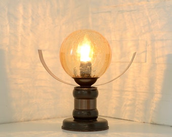 Vintage Table Lamp / Rustic Wood and Copper Desk Light / Nightstand Amber Glass Light Fixture