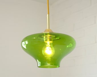 Vintage Pendant Light / 1 of 4 / Hand Blown Green Glass / MCM Chandeliers / Redesign / Hanging Lamp / Mid Century Modern / Retro Lamp