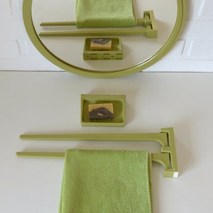 Vintage Plastic Bathroom Set / Mid Century Modern / Olive Green Wall Mirror / Soap Dish / Towel Rack / Yugoslavia 1970's