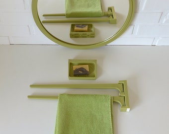 Vintage Plastic Bathroom Set / Mid Century Modern / Olive Green Wall Mirror / Soap Dish / Towel Rack / Yugoslavia 1970's