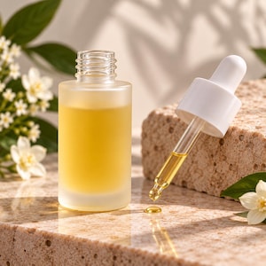 May include: A frosted glass bottle filled with a golden yellow liquid, accompanied by a separate white dropper cap. The dropper tip is suspended in the air, showing a single drop of the yellow oil about to fall from the clear glass pipette.