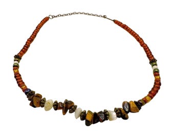 Vintage Boho Beaded Choker Necklace | Tigers Eye Gemstones | Unique Artisan Jewelry