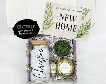 Personalized Iced Coffee Cup - House Warming Gifts - New Home Gift - New Home Card - Happy New Home - Home Sweet Home - Succulent Gift Box