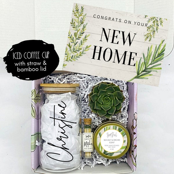 Personalized Iced Coffee Cup - House Warming Gifts - New Home Gift - New Home Card - Happy New Home - Home Sweet Home - Succulent Gift Box