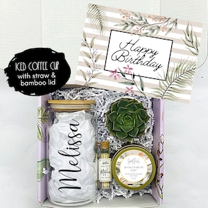 Personalized Iced Coffee Cup Glass - Happy Birthday Gift Box - Birthday Gifts for Her - Succulent Gift Box - Missing You - Friendship Gifts