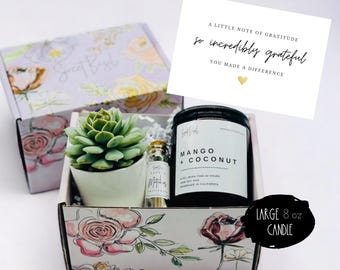 Appreciation Gift Box, 8 oz Soy Candle, Succulent, Matches, Grateful Gift