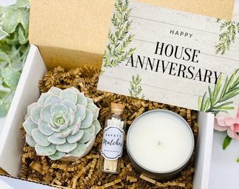 House Anniversary Gift Box, Succulent, Soy Candle, Personalized Card