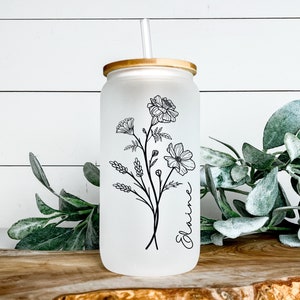 Personalized Birthmonth Flower Glass Can - Birthflower Glass Cup - Birth Month Glass Tumbler - Libbey Glass Can - Iced Coffee Glass