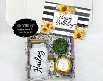 Personalized Iced Coffee Cup Glass - Happy Birthday Gift Box - Birthday Gifts for Her - Succulent Gift Box - Missing You - Friendship Gifts