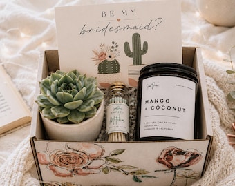 Bridesmaid Proposal Gift Box, Succulent Candle Matchbox Set, Boho Cactus Bridal Party