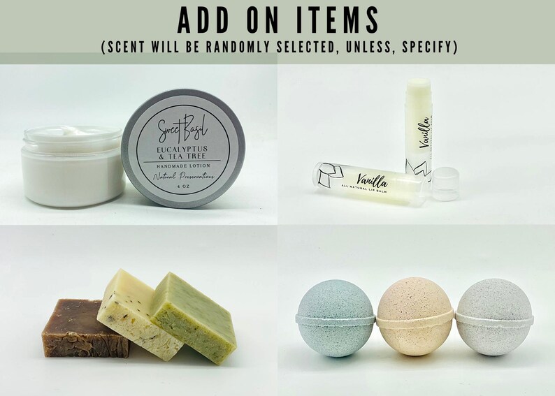 Może przedstawiać: Dodatki do kąpieli i pielęgnacji ciała, w tym słoik z balsamem oznaczony jako "Sweet Basil Eucalyptus & Tea Tree Handmade Lotion", tubka balsamu do ust z etykietą "Vanilla", trzy bomby kąpielowe w kolorze niebieskim, beżowym i szarym oraz trzy mydła w kolorze brązowym, białym i zielonym.
