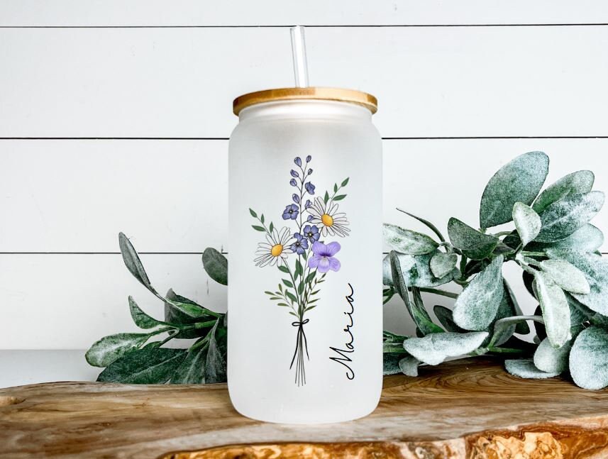 Personalized Boho Glass Can cup, Sublimation Frosted Glass Tumbler, Gifts  for her, Bridal Party Gift, Birthday gift