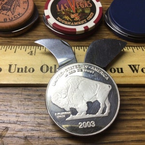 BUFFALO DOLLAR 2 Coins  Coin knife file scissors cigar cutter multi tool New folding pocket knife