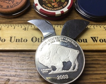 BUFFALO DOLLAR 2 Coins  Coin knife file scissors cigar cutter multi tool New folding pocket knife