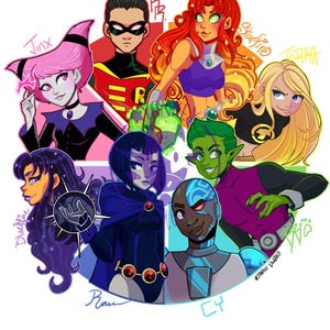 May include: Illustration of the Teen Titans characters, including Robin, Starfire, Raven, Beast Boy, Cyborg, Jinx, and Terra. The characters are depicted in a colorful, cartoon style with their names written next to them.