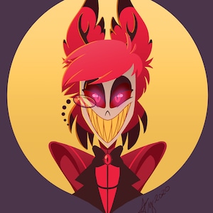 Pode incluir: Ilustração digital de um personagem com cabelo vermelho, chifres e um sorriso largo e dentuço. O personagem usa um terno preto com gravata borboleta vermelha e monóculo. O fundo é um círculo amarelo sobre um fundo roxo.