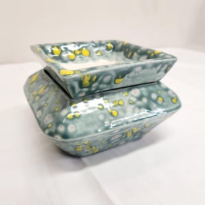 Small Square Ceramic African Violet Plant Pot - Denim Blue w/ Yellow Gold Spots