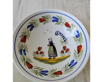 Quimper France bowl 155 girl blue red flowers mini