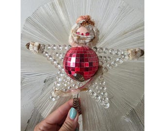 Antique Santa tree topper mini unique RARE Disco star spun glass
