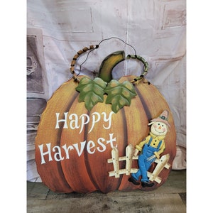 Wooden Happy Harvest pumpkin scarecrow Fall autumn sign decor