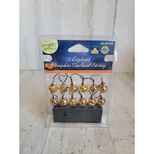 May include: A clear plastic package contains a string of 12 lighted pumpkin garland lights. The orange pumpkins have black carved faces and are strung on a black wire. The packaging has the words "Pumpkin Hollow" and "12 Lighted Pumpkin Garland String".