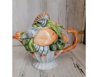 Vintage Seashell Teapot: Japanese Majolica Style Pottery, Green
