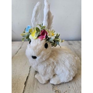 Vintage Pier 1 Easter sisal bottle brush rabbit Bunny white flowers spring Easter statue decor