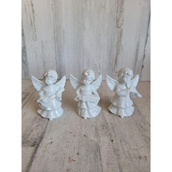 Weiß Porzellan Engel Musik Gitarre religiöse Weihnachten Vintage Figur