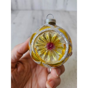 Vintage West Germany yellow indent glitter ball ornament reflector unique Xmas tree