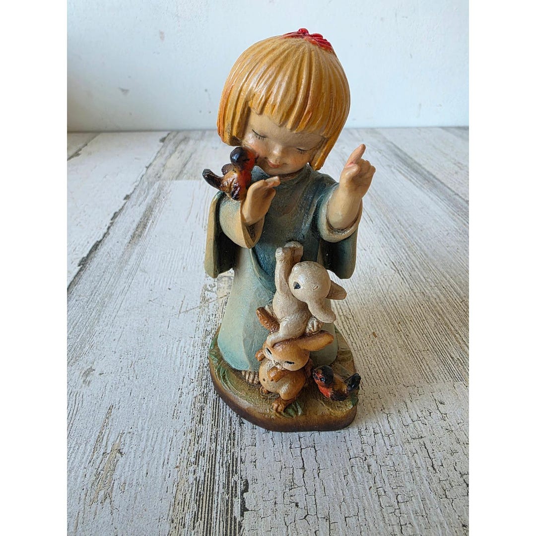 アンリ人形　ANRI 15㎝. 【Talking to the Animals】 Buy Vintage Anri Ferrandiz Girl Talking Animals Bird Bunny Singing