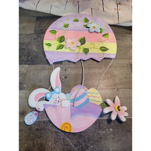 Hot air balloon Easter egg bunny rabbit floral flower sign decor