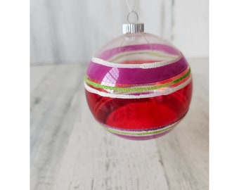 Vintage radko shiny Brite red clear striped ball glitter ornament Xmas