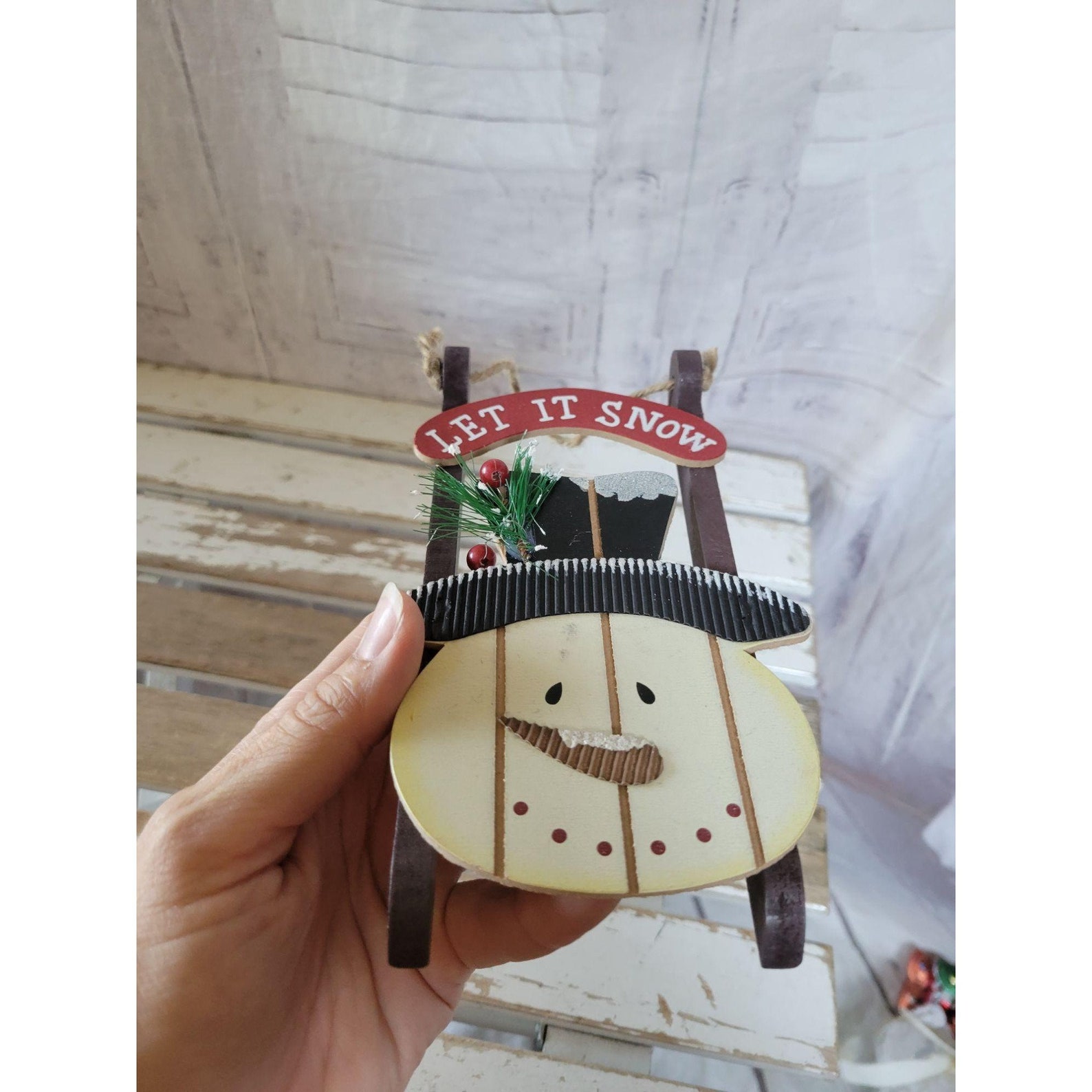 Snowman Sled Toboggan Ornament Decoration Xmas Decor Shabby Etsy