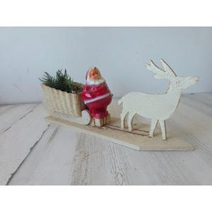 Vintage pressed cardboard mica Santa sleigh reindeer display planter container