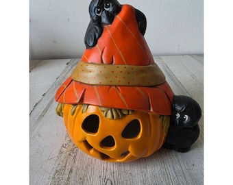 Vintage Keramik Vogelscheuche Kürbis Kürbis leuchten Crow Dekor
