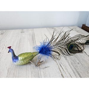 Glass peacock clip ornament bird feather unique glitter sparkle large Xmas tree