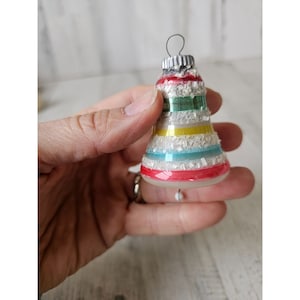 Vintage West Germany striped glass mercury bell beaded mini flocked glitter ornament Xmas tree