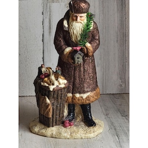 Large vintage glitter Santa centerpiece sparkle rustic xmas figure toy bag birdhouse unique