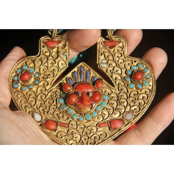 boho vintage antique india necklace heart large t… - image 5