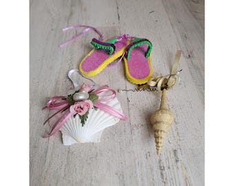 Ocean Beach shell sandals flip flop ornament Xmas set