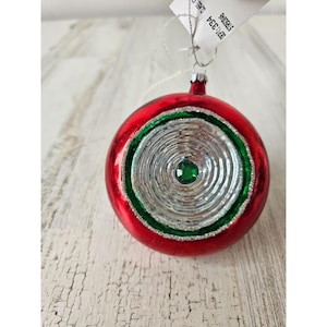 Vintage reflector indent red green silver ornament Xmas tree