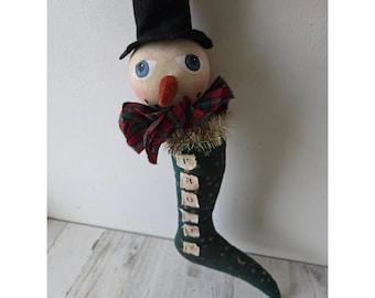Vintage snowman Frosty plush country folk art Xmas hanging tinsel plaid Xmas