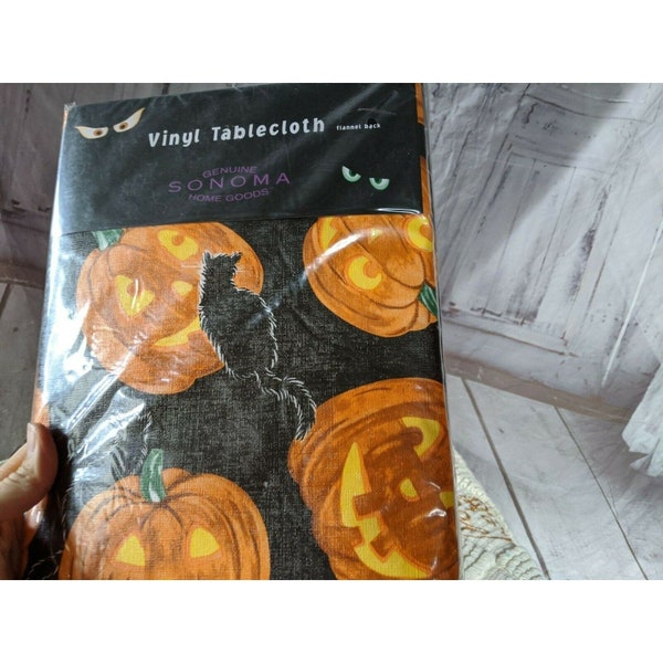 Sonoma Halloween Pumpkin Vinyl Tablecloth Rug Cotton Set Hand Woven Blk/Half Wht