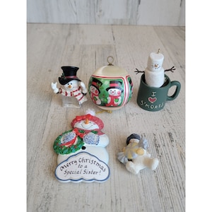 Smores snowman AS IS glitter candy variety ornament Xmas set