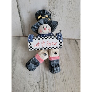 Wooden jointed Let It Snow mini snow sitting snowman Xmas figure