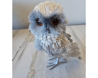 Metallic silver owl bird decor unique tinsel lifelike decor