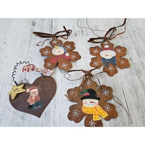 Metal rustic snowflake snowman Santa ornament set