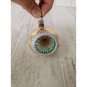 Vintage Austria yellow reflector ball vintage ornament polka dot glitter silver Xmas tree