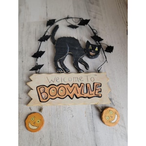 Vtg style halloween sign shabby chic welcome booville cat wall sign hanging Halloween